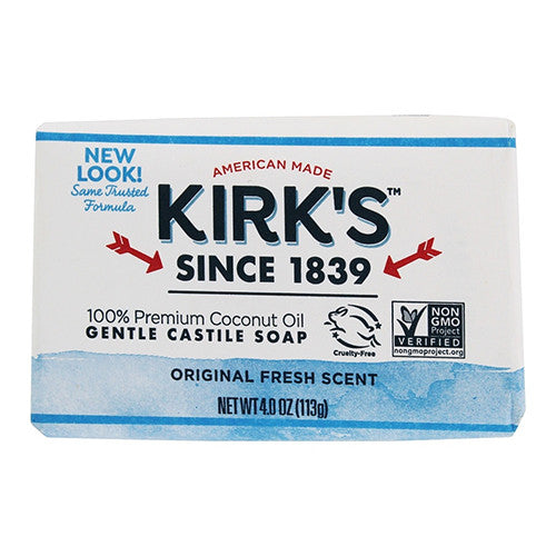 Kirks 100 percent Premium Coconut Oil Gentle Castile Soap Bar Original Fresh Scent, 4 Oz